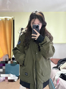 军绿色派克服棉服外套女2023冬季新款韩版宽松复古加厚工装棉衣潮