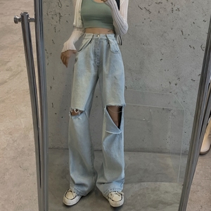lisa同款松紧腰阔腿直筒chic牛仔裤女薄款宽松破洞女团辣妹长裤子