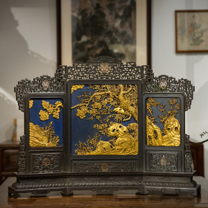 清代紫檀镶漆地描金松竹梅三友图三扇座屏摆件古玩古董收藏屏风