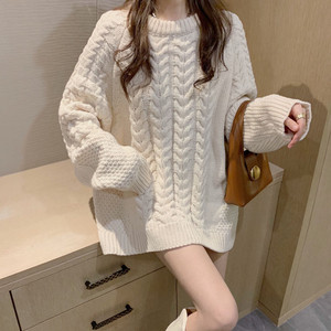 2021秋冬季韩版宽松大板型手工编织麻花纯色毛衣慵懒风长袖针织衫
