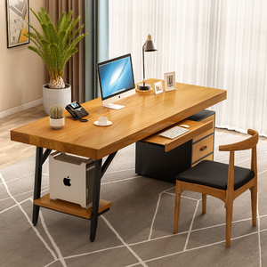 实木电脑台式桌可放主机带键盘托书桌抽屉家用老板工作台原木办公