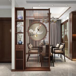 新中式进门玄关屏风隔断客厅现代装饰入户置物架实木镂空栅栏柜子