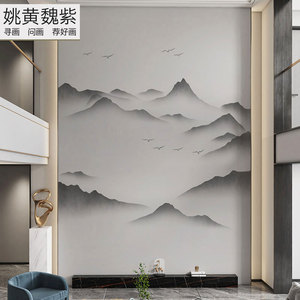 00你说辣就是幸福淘宝新中式别墅挑高客厅电视背景墙纸水墨山水壁画