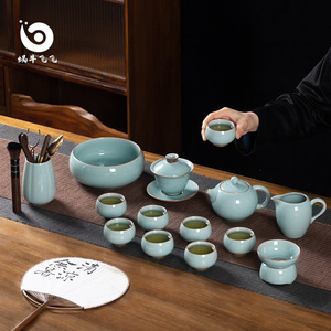 景德镇高端功夫茶具套装家用天蓝色茶壶套组办公室用盖碗泡茶杯子