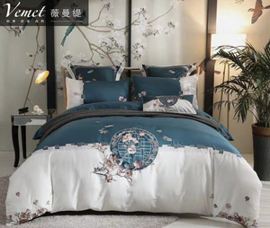 100支新中式床上四件套全棉纯棉中国风刺绣绣花长绒纯棉床上用品