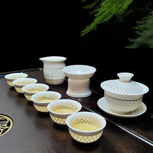 玲珑金线整套功夫茶具镂空描金玉瓷盖碗茶杯套装高档中式简约泡茶