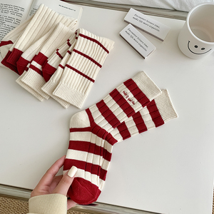 秋冬新款米白条纹袜子粗线针织堆堆袜纯棉日系外穿红色中长筒女袜