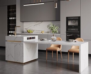 岩板中岛台厨房餐桌台柜一体水槽料理台开放式轻奢大理石吧台伸缩