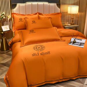 爱马仕现代轻奢简约100s天丝四件套冰丝裸睡床单橙色被套夏季床笠