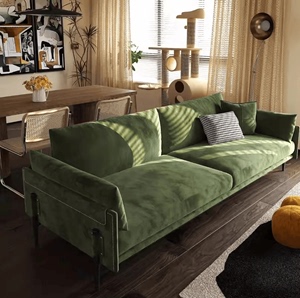 现代简约北欧布艺直排绒布小户型墨绿色复古灯芯绒客厅乳胶沙发