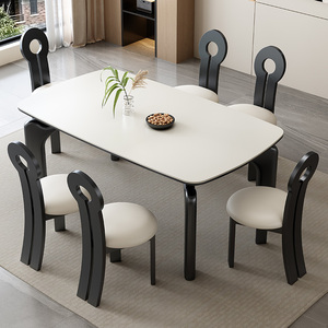 岩板餐桌椅组合复古风实木大象腿长方形餐厅家用小户型原木饭桌子