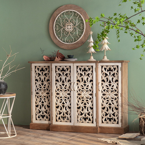美式乡村实木餐边柜田园风雕刻镂空玄关柜客厅收纳柜子置物柜家用