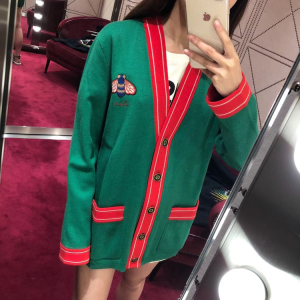 gucci古奇19秋冬款开衫外套撞色刺绣小蜜蜂v领针织女毛衣毛针织衫