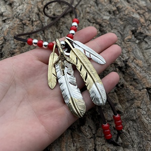 高桥吾郎goros羽毛项链纯银皮绳琉璃珠金爪小素羽搭配套装