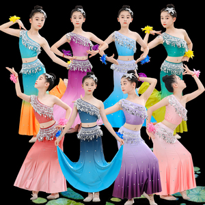 新款傣族舞蹈儿童演出服女童孔雀舞艺考舞蹈培训包臀鱼尾裙民族风