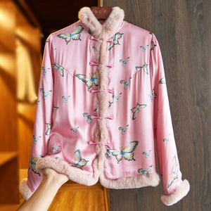 粉色夹棉真丝国潮棉衣棉服女新款中式复古盘扣印花中国风棉袄外套