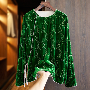 绿色中式真丝绒上衣女秋装新款中国风刺绣高贵洋气金丝绒衬衫外套