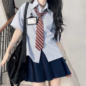 原创jk衬衫制服夏款女学院风条纹衬衣白蓝上衣女短袖2022套装夏季