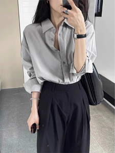 韩版高级感灰色刺绣衬衫外套女春夏小个子设计感百搭防晒衬衣上衣