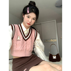 ins韩系粉色可爱短款针织马甲女秋冬季v领小个子甜美羊毛毛衣背心