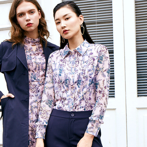 k&ch/纤牌女装荷叶袖印花雪纺衬衫春季新品长袖上衣c201f189d1