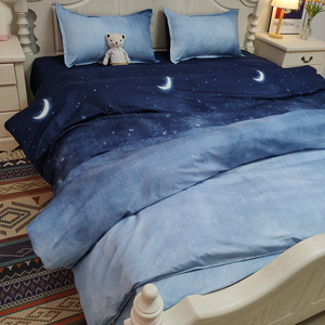 唯美渐变蓝色星空被罩四件套床上用品星星月亮床单被套宿舍三件套