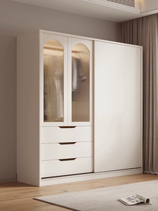 奶油风推拉门衣柜家用卧室现代简约法式玻璃小户型一体带书桌衣橱