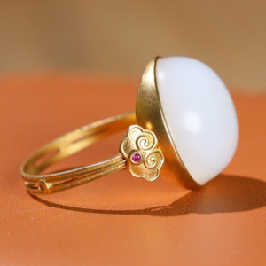 新疆天然和田玉白玉戒指女士款金镶玉玉石指环戒子带证书17mm