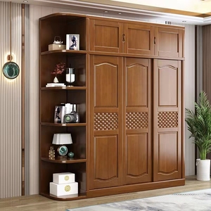 中式实木推拉门衣柜家用现代木质经济型收纳滑移门卧室原木大衣橱