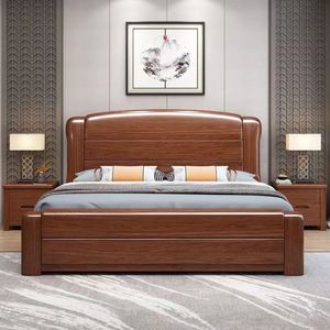 胡桃木实木床双人床中式1.5现代简约1.8米经济型高箱储物主卧婚床