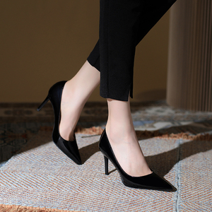 高跟鞋女2022年新款黑色漆皮6cm细跟性感亮面8cm气质名媛小码单鞋