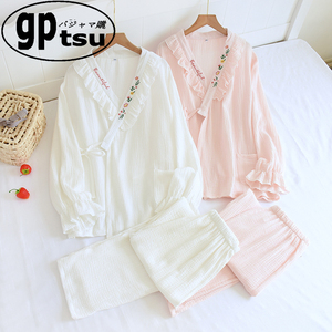 日本GP纯棉睡衣女春夏季长袖双层纱布粉色皱纱刺绣和服家居服套装