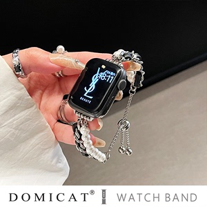 domicat适用applewatch8苹果iwatch9手表表带s9珍珠串皮链条s8夏季7女士6代SE新款Ultra2小香风手链式手表带