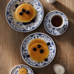 日本进口美浓烧青花唐草陶瓷餐具盘子菜盘家用汤盘碟子圆盘甜品盘