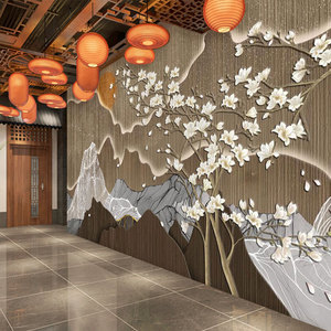 3d立体新中式墙纸中国风山水客厅壁画茶室直播背景墙酒店装饰壁纸