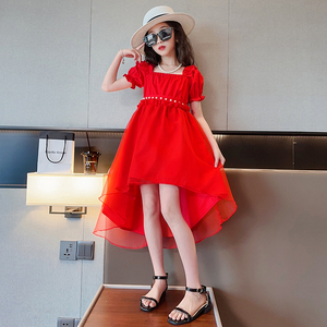 女童夏季红色连衣裙公主裙礼服燕尾裙儿童大女孩夏装裙子时尚洋气