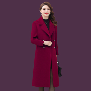 2024新款时尚优雅酒红色高端秋冬装羊毛呢子大衣中长款毛呢外套女