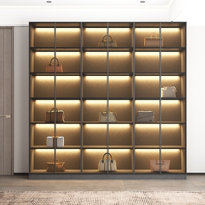 现代简约收纳柜包包柜家用落地玻璃门展示柜led照明格子储物柜