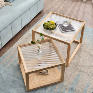 白蜡木茶几组合北欧日式艺术方形原木玻璃面樱桃木实木小茶桌整装