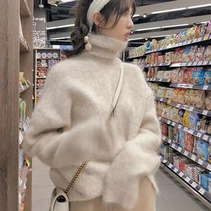 奶白色高领羊绒套头毛衣女2022年秋冬新款韩版纯色宽松加厚打底衫