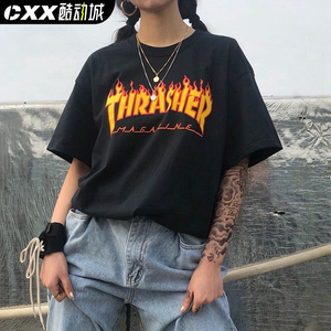 正品美版thrasher flame tee火焰t恤男女情侣圆领宽松短袖滑板潮