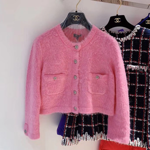法国代购 chanel/香奈儿 秋冬款粉色针织开衫毛衣外套 杨幂同款
