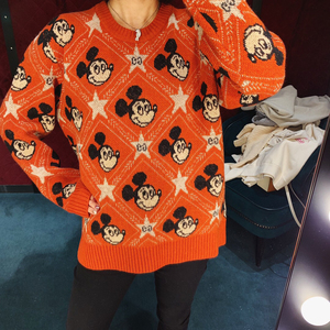代购gucci古奇2020早春款鼠年限定米奇橘红色米老鼠提花针织毛衣