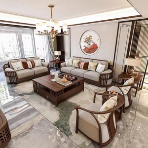 新中式现代简约沙发中国风仿古黑胡桃木沙发茶几组合家用客厅家具