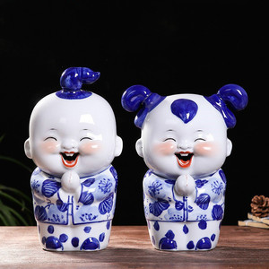 创意实用可爱陶瓷青花瓷娃娃招财童子装饰品客厅新中式摆件