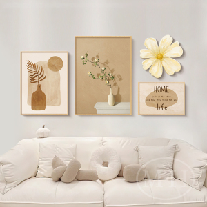 奶油原木风客厅装饰画高级感北欧简约组合壁画日式沙发背景墙挂画