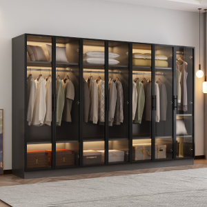 实木衣柜玻璃门定制平开门家用卧室衣帽间柜子轻奢简约现代大衣橱