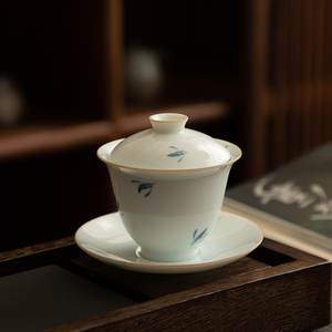 德化陶瓷【单盖碗满150ml纯手绘亮光】透明釉 淡青色 昭颖泡茶碗