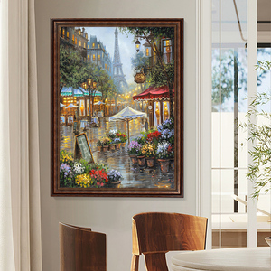 巴黎街道欧式玄关装饰画美式风景油画客厅餐厅挂画走廊过道壁画