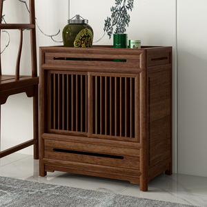 禅意新中式茶水柜黑胡桃实木家具茶边柜矮柜茶水台收纳可移动边几